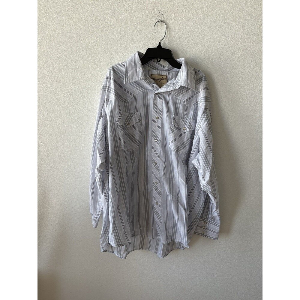 Wrangler Men’s Pearl Snap Shirt White/Gray/Metallic Striped Long Sleeve 2XL